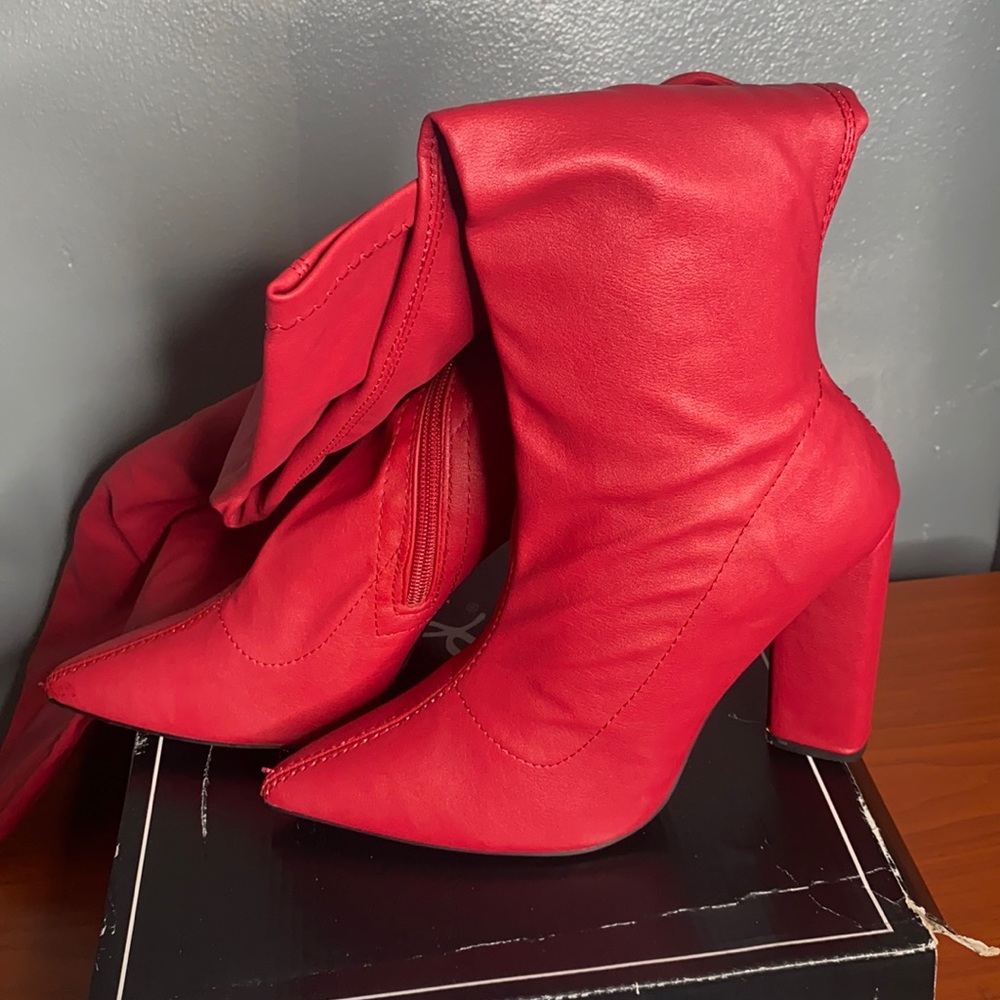 Red thigh high boots